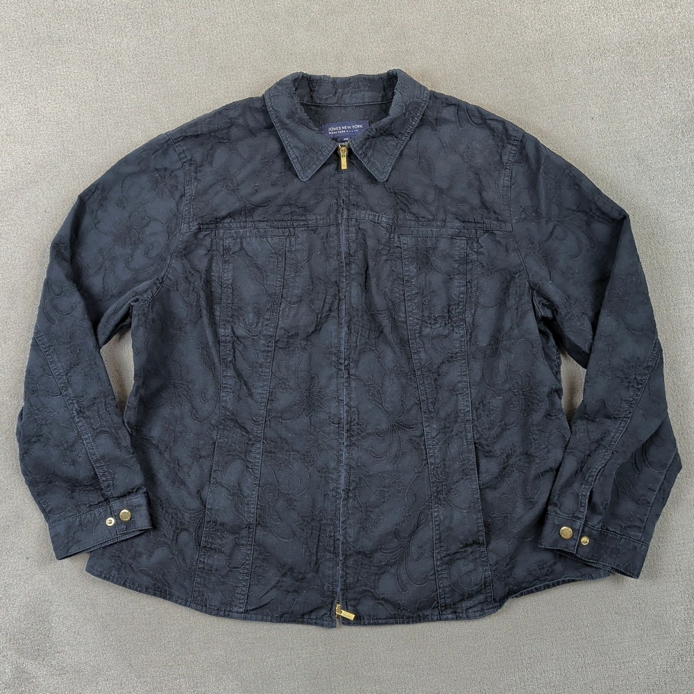 Jones New York Jacket Womens 2X Black Floral Embroidered Corduroy Full Zip